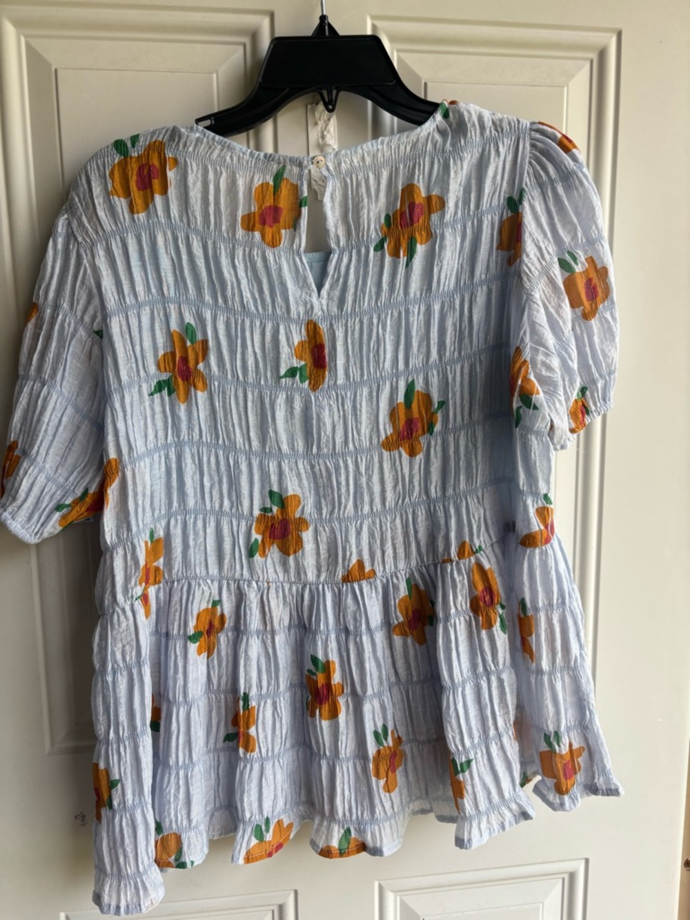 Umgee Light Blue Floral Smocked Peplum Dress with Orange Flowers - Picture 3 of 5